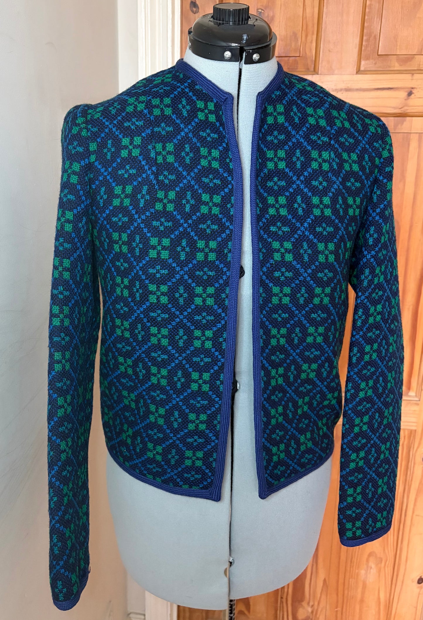 Vintage geometric Print Welsh Wool Tapestry jacket smart dark blue turquoise size 10 small