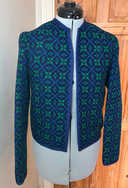 Vintage geometric Print Welsh Wool Tapestry jacket smart dark blue turquoise size 10 small
