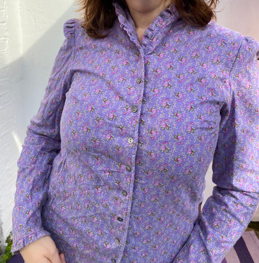 Vintage 70s 80s Laura Ashley Wales purple light print cotton shirt blouse frill size 12 14 cottagecore