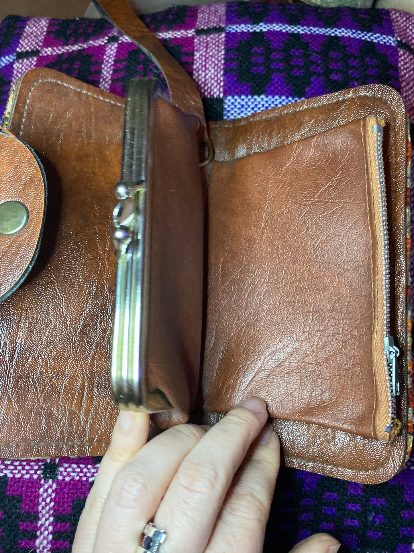 Vintage Orange brown Leather & Welsh Wool Tapestry Clutch purse Brynkir print