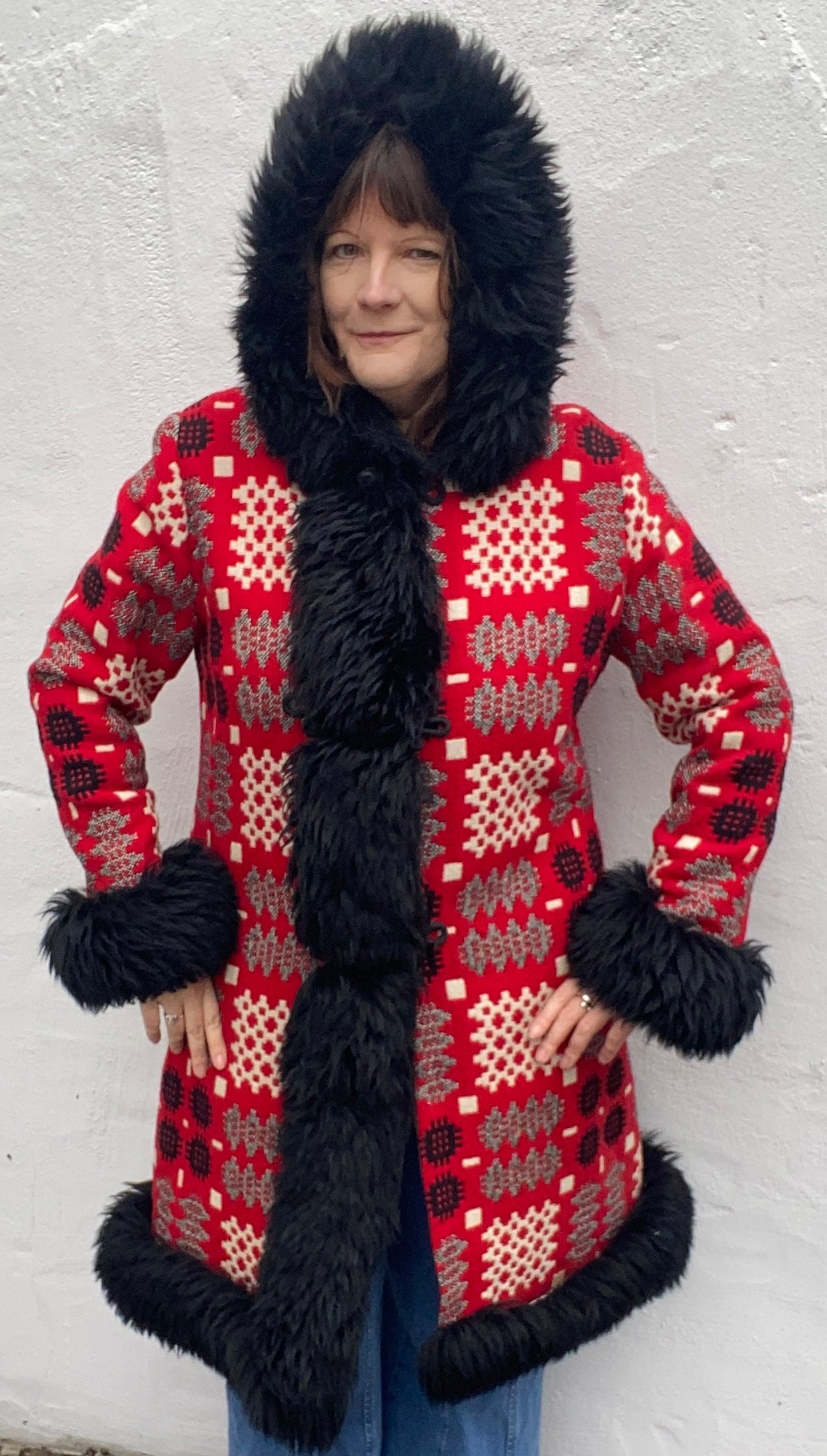 Vintage Welsh Wool Tapestry faux fur trim long hooded coat Pandy Red white grey up to size 16