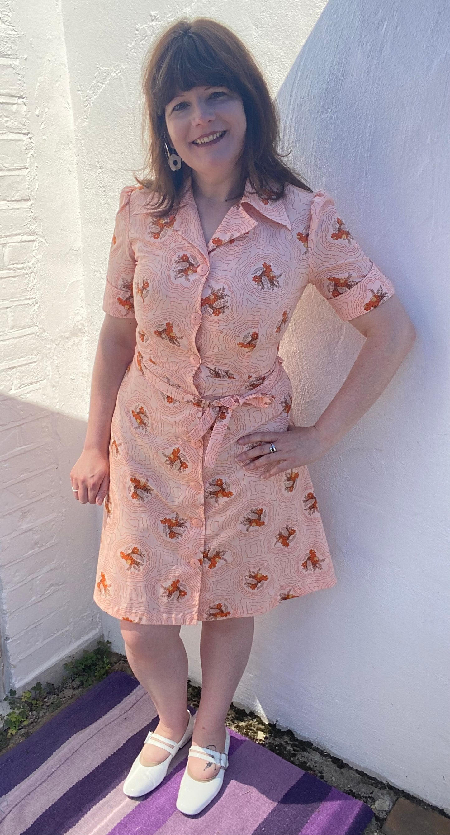 Vintage 70s Cotton polyester orange peach print belted shirt dress print size 10 12