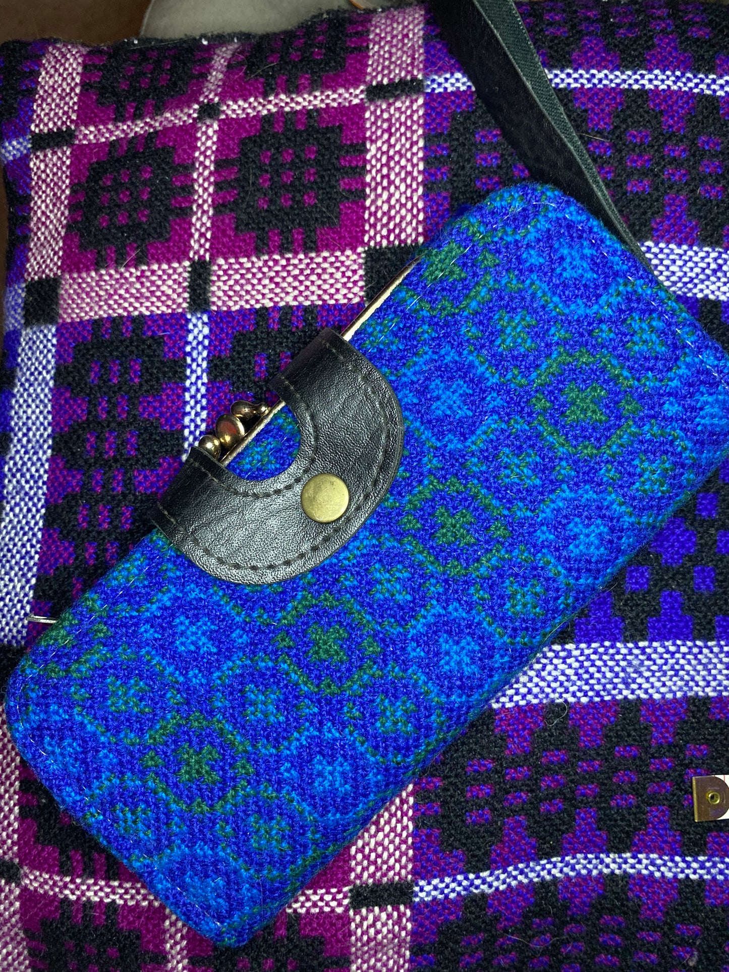 Vintage Blue Leather & Welsh Wool Tapestry Clutch purse large