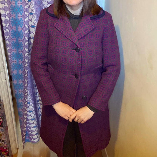 Vintage Welsh Wool Tapestry coat purple blue size 10 Eclipse geometric print pockets