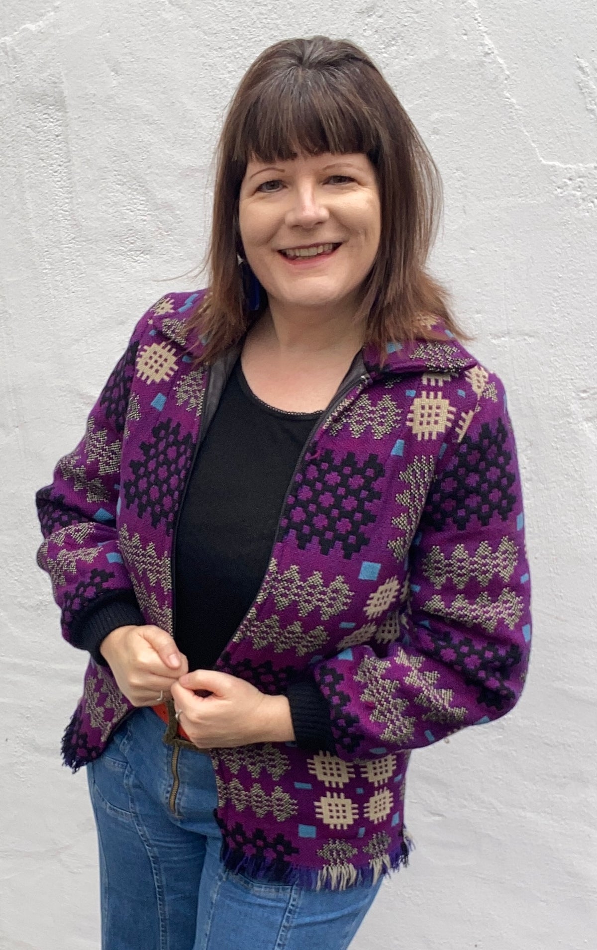 Vintage 60s 70s Welsh Wool Tapestry Jacket zip portcullis print purple white size 12  14 pockets Jon Ro Fashions