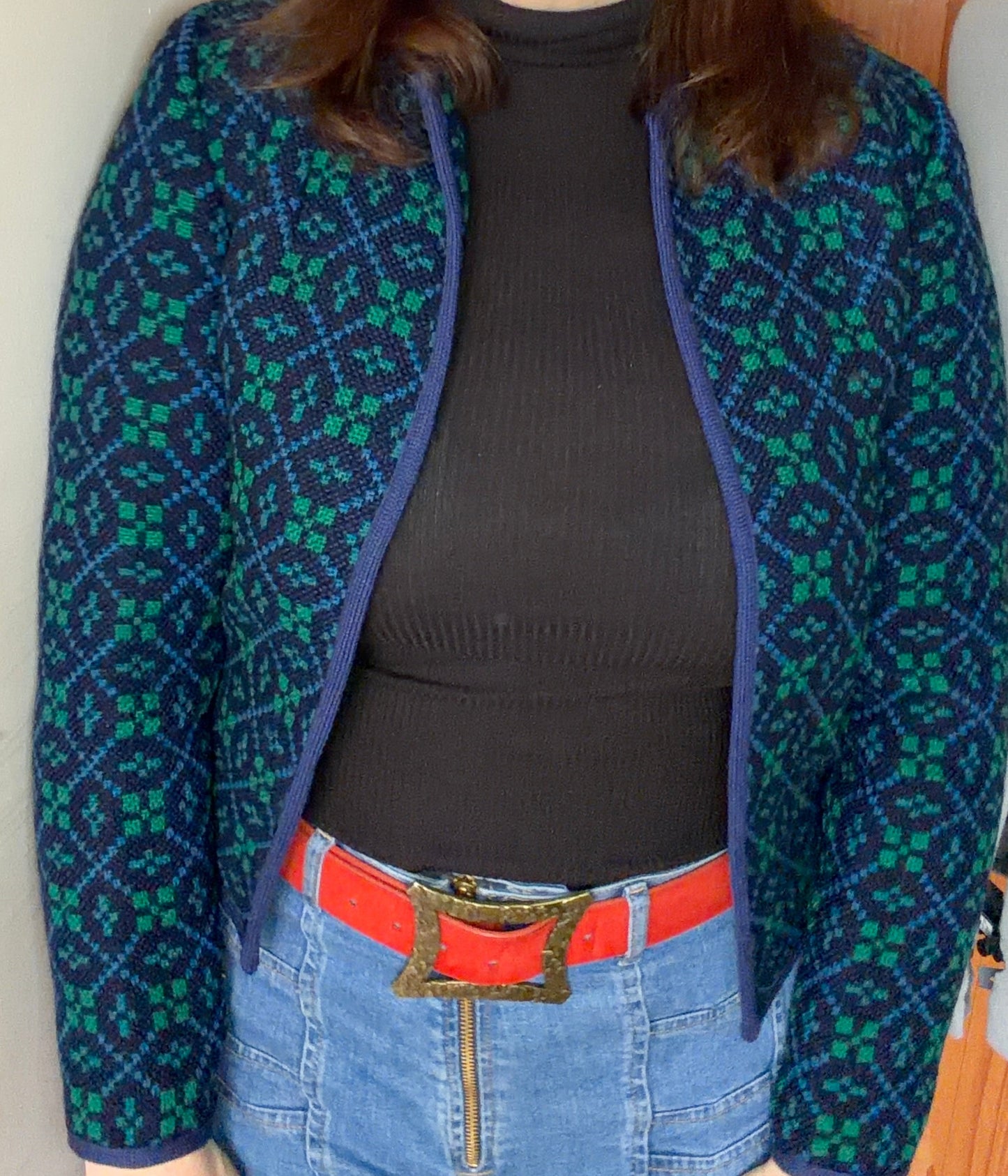 Vintage geometric Print Welsh Wool Tapestry jacket smart dark blue turquoise size 10 small