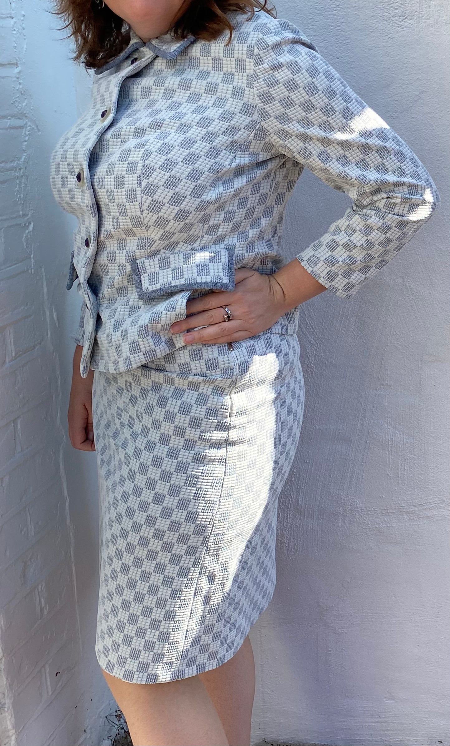 Vintage Grey white Crimplene print 60s 70s jacket skirt suit two piece Eastex Label size 12 14