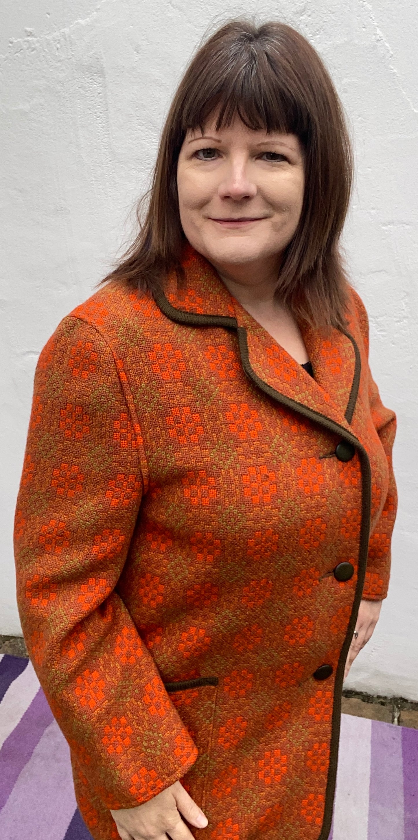Vintage 60s orange Eclipse print Welsh Wool Tapestry pea coat jacket buttons pockets size 18 20