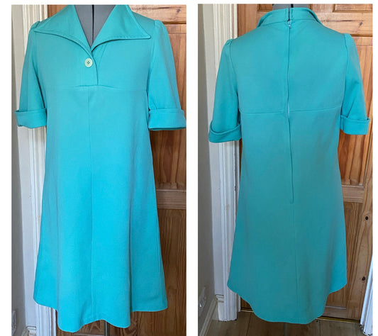 Vintage turquoise aqua blue 70s short sleeve polyester collar dress by Linzi size 14 16