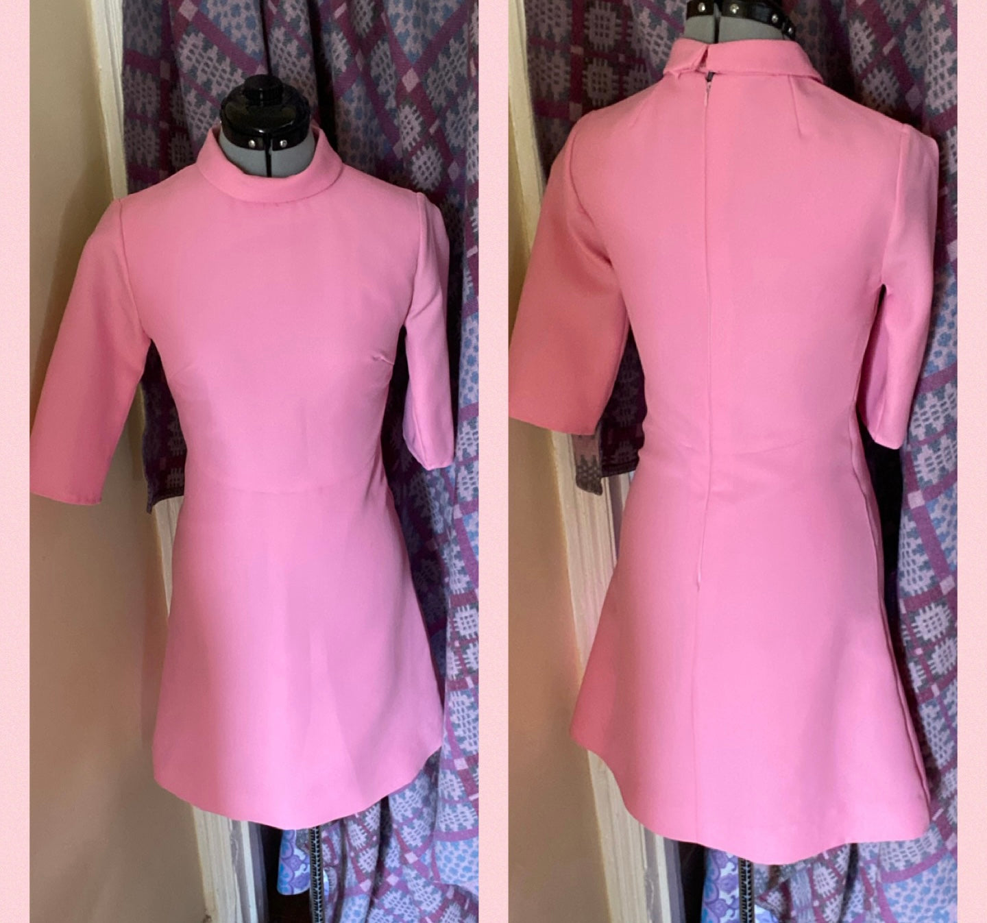 Vintage Ann Michael 60s polyester high neck 3/4 sleeves mini dress pink size 10