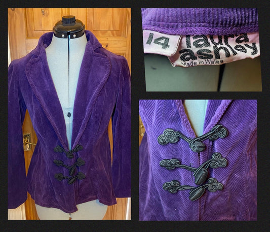 Vintage Laura Ashley made in Wales purple corduroy jacket long sleeves 70s size 10 buttons flared waist