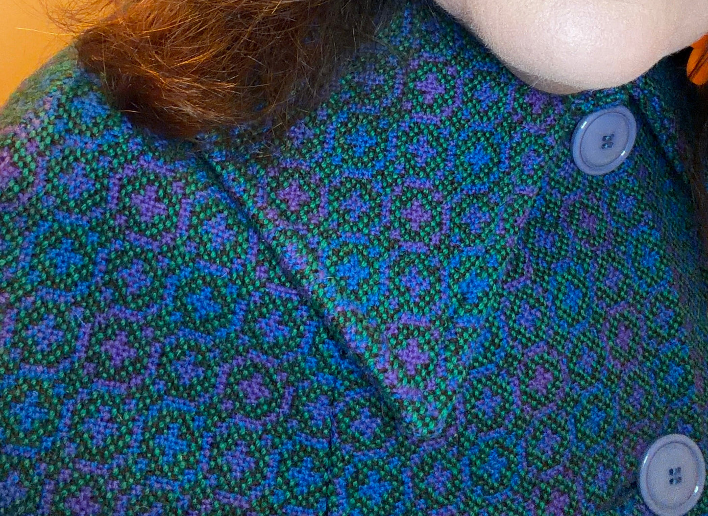 Vintage blue pink turquoise print long Welsh Wool Tapestry cape collar buttons up to size 18 20