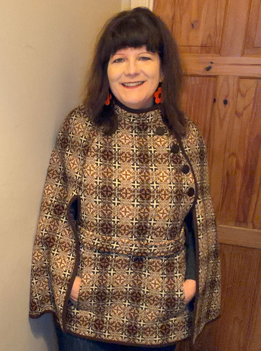 Vintage Welsh Wool Tapestry cape geometric print brown cream belt side buttons pockets up to size 14. 40 inch bust