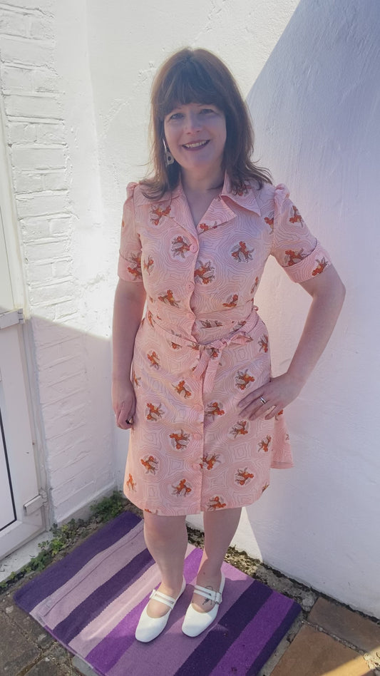 Vintage 70s Cotton polyester orange peach print belted shirt dress print size 10 12