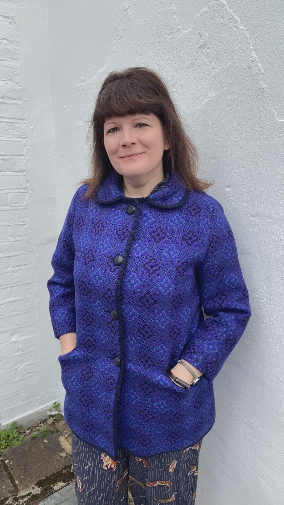 Vintage Welsh Wool Tapestry Pea coat jacket purple blue size14