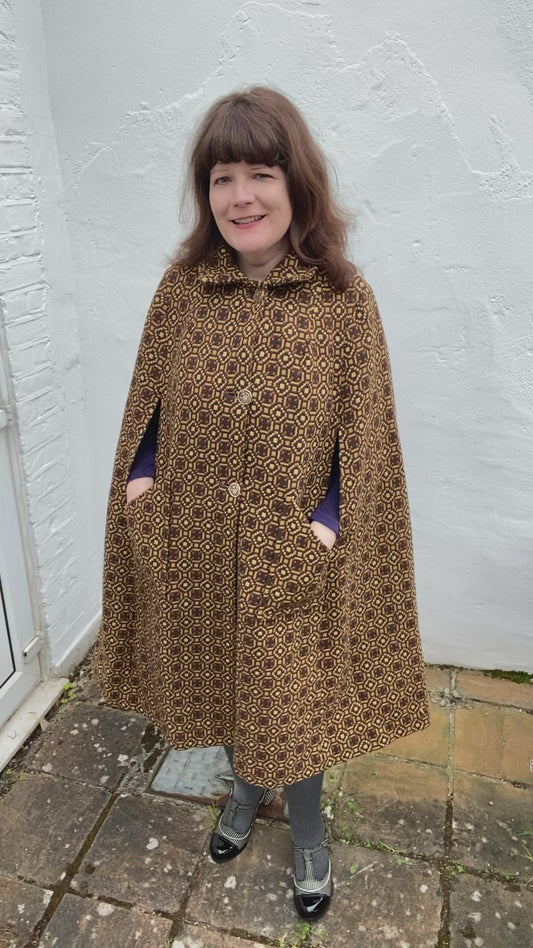 Vintage brown print long Welsh Wool Tapestry cape metal buttons size L