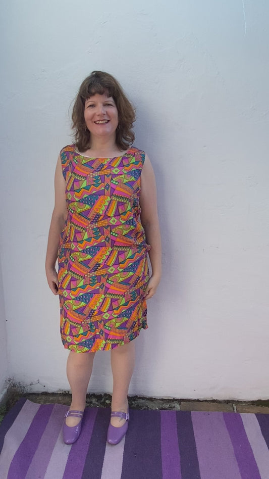 Vintage handmade multi coloured silky shift dress pink blue orange sleeveless size 14 16