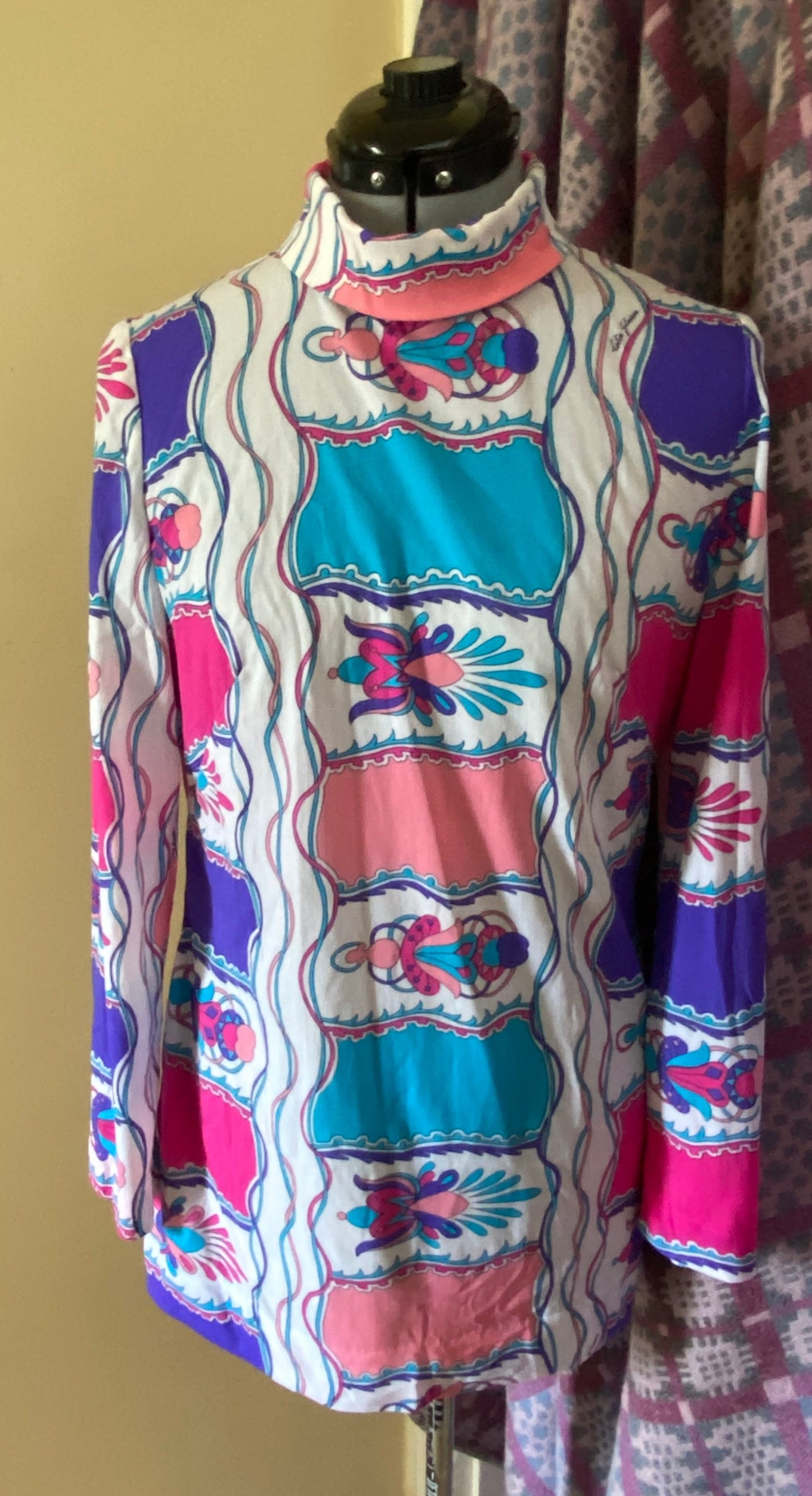 Vintage Colin Glascoe 60s polyester tunic / mini dress pink blue white print size 10 12