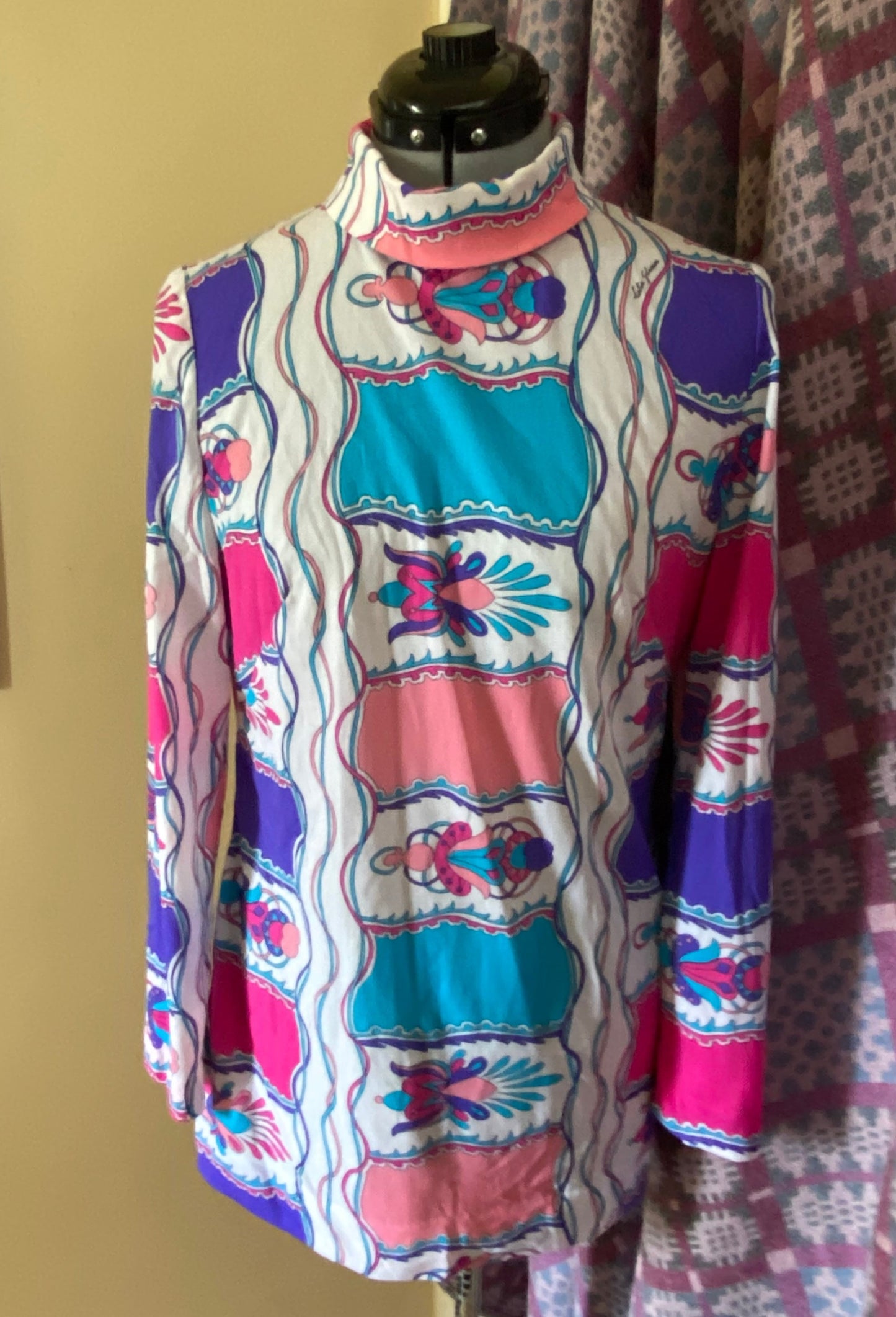 Vintage Colin Glascoe 60s polyester tunic / mini dress pink blue white print size 10 12