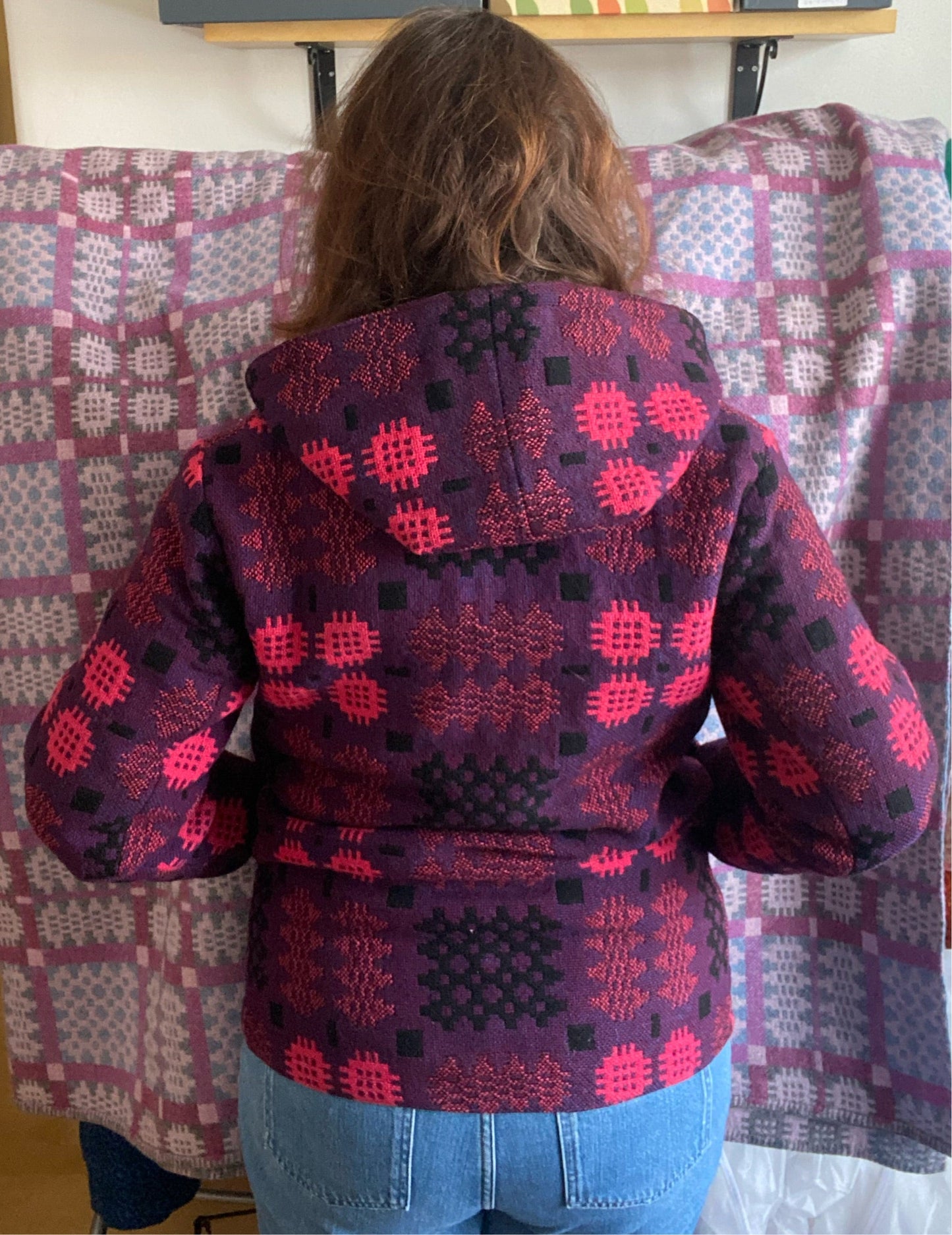 Vintage 60s 70s Welsh Wool Tapestry Bomber Jacket hood reversible pink purple size 12 14 pockets