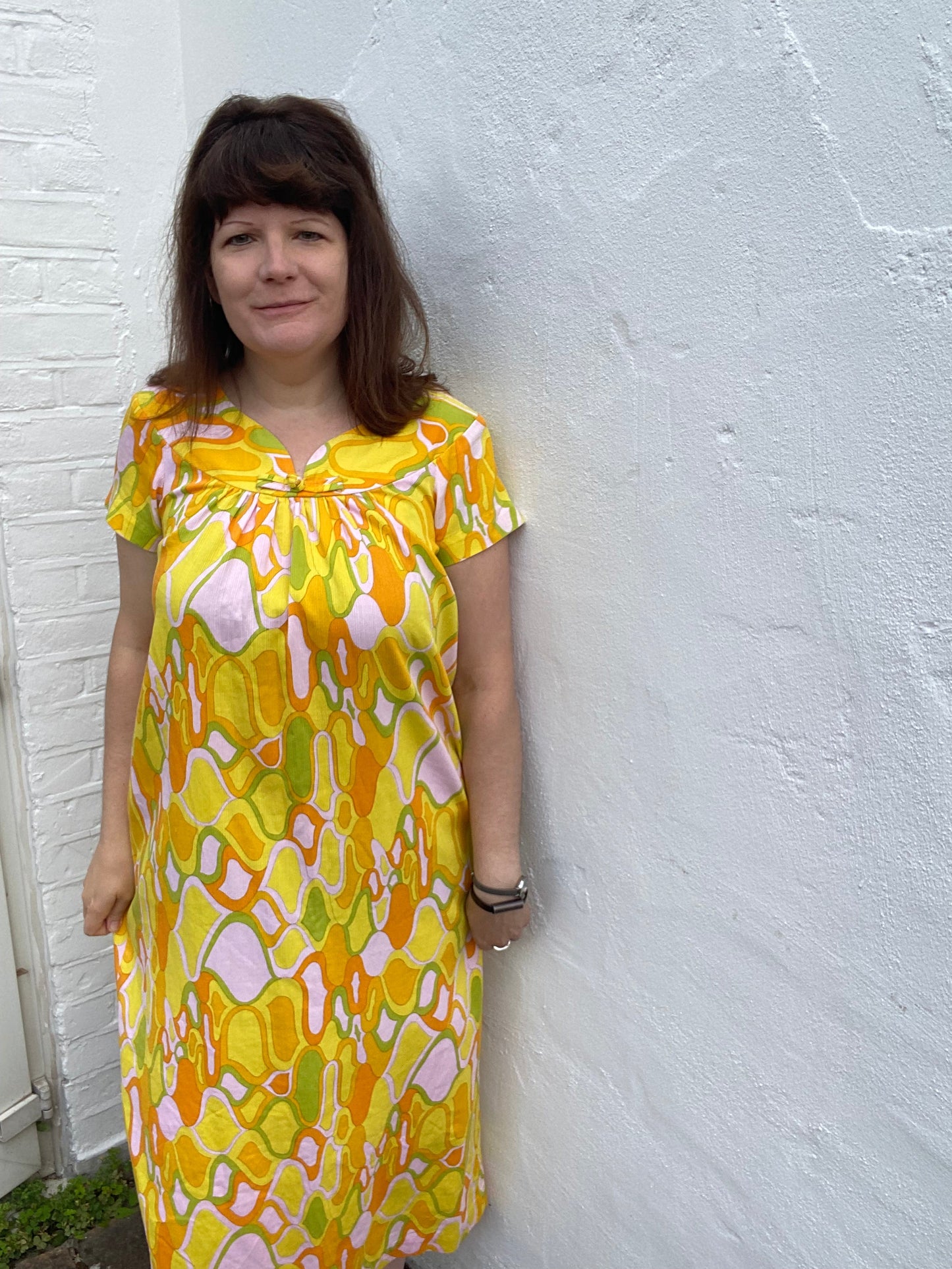 Vintage Bright Yellow Hawaiian Barkcloth 70s maxi dress [18 20]