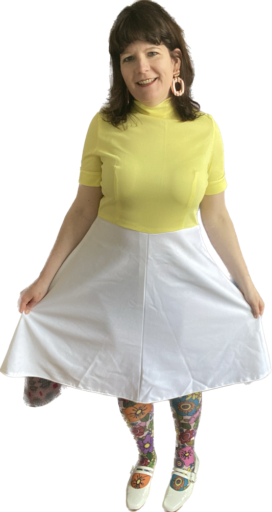 Vintage White yellow 60s polyester short sleeve high neck midi dress size 16 18