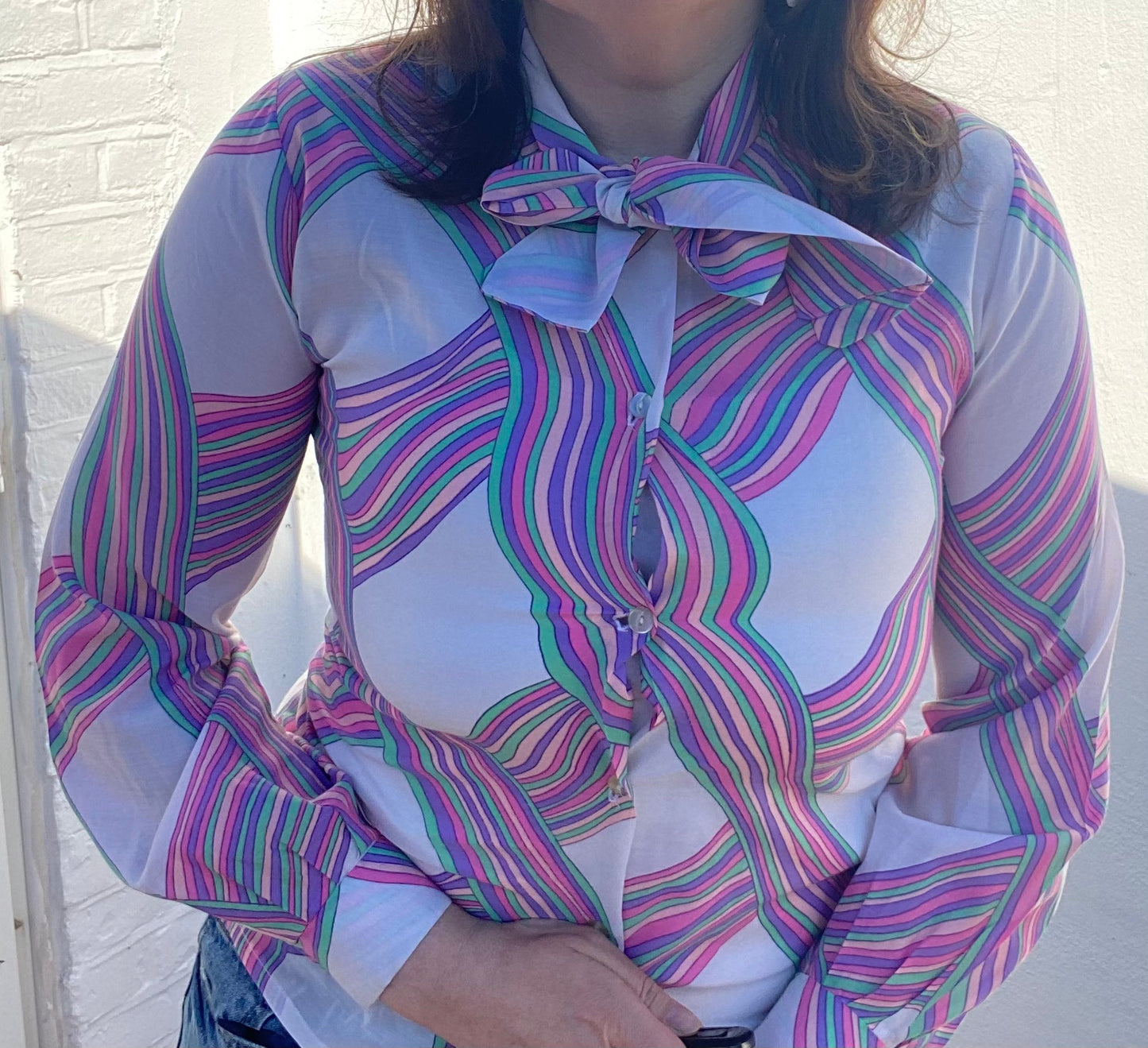 Vintage 70s pussy bow cotton & polyester blouse from Co-Op lilac white print size 10 12