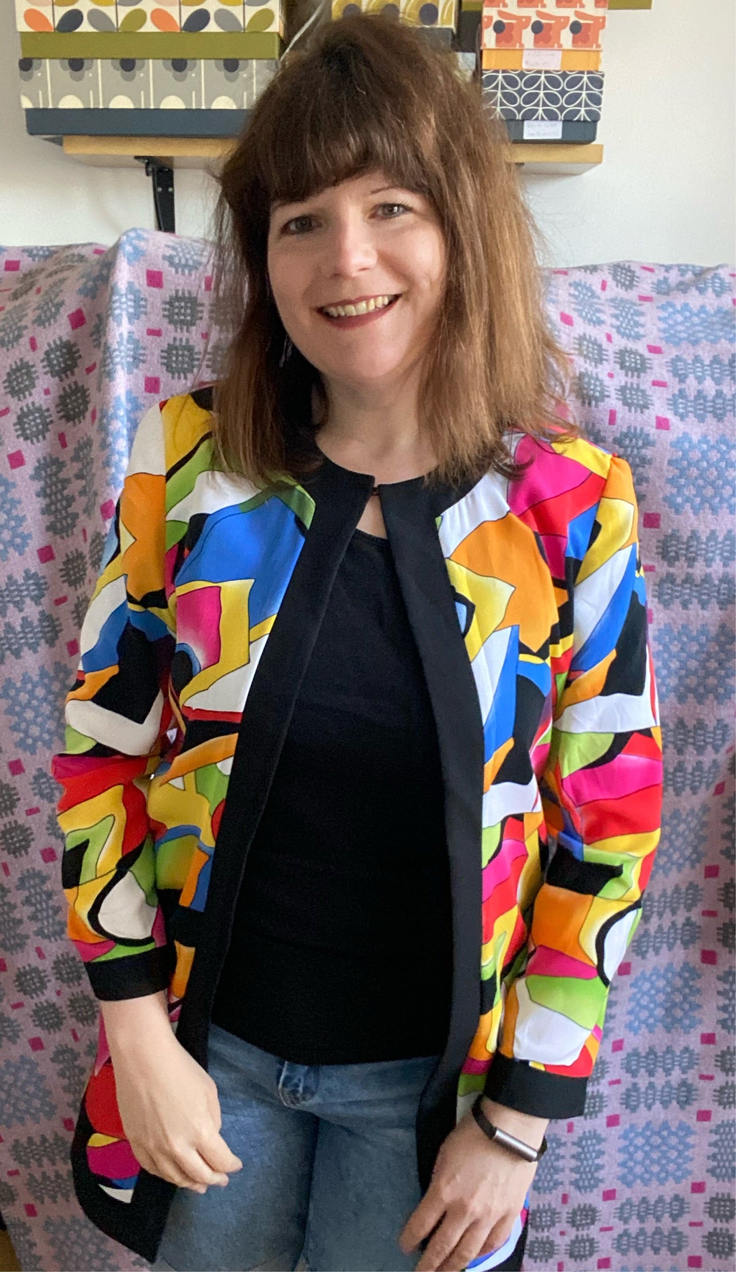 Vintage 80s Bright Caron multi coloured long jacket size 12 14