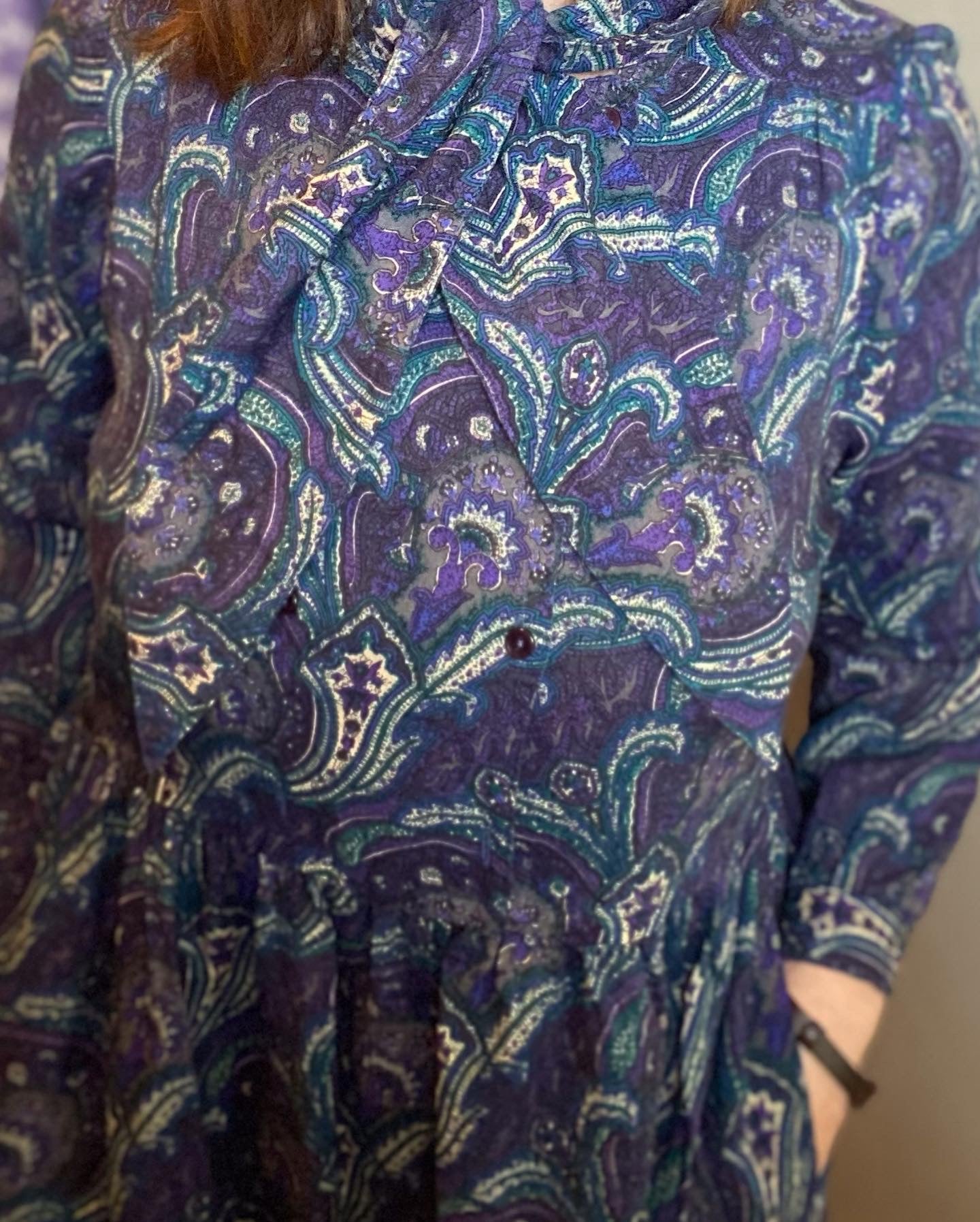 Vintage Liberty print wool dress blue paisley 80s tie neck dress long sleeves size 16