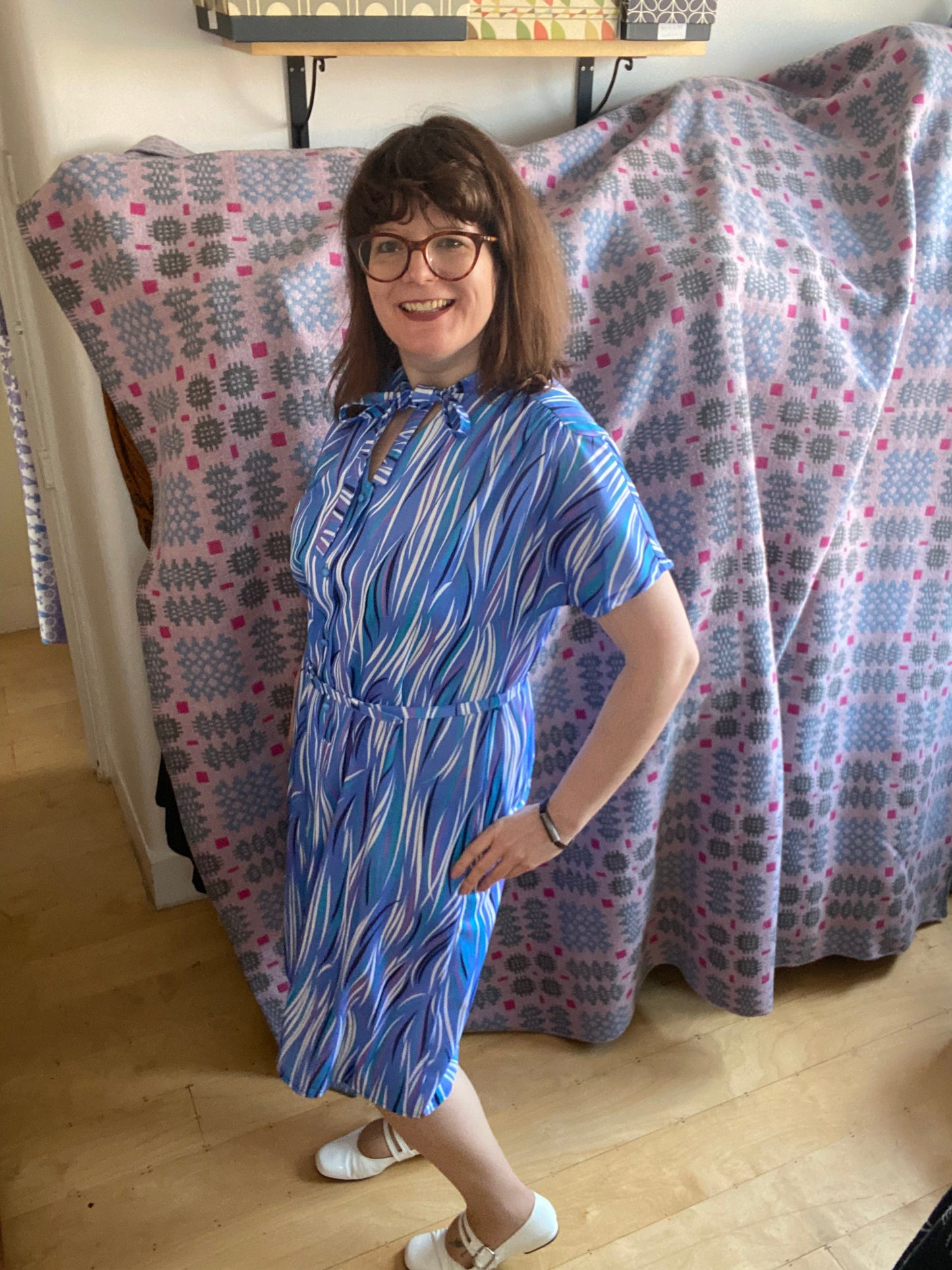 Vintage Richard stump blue stripe print pussy bow 80s dress size 18