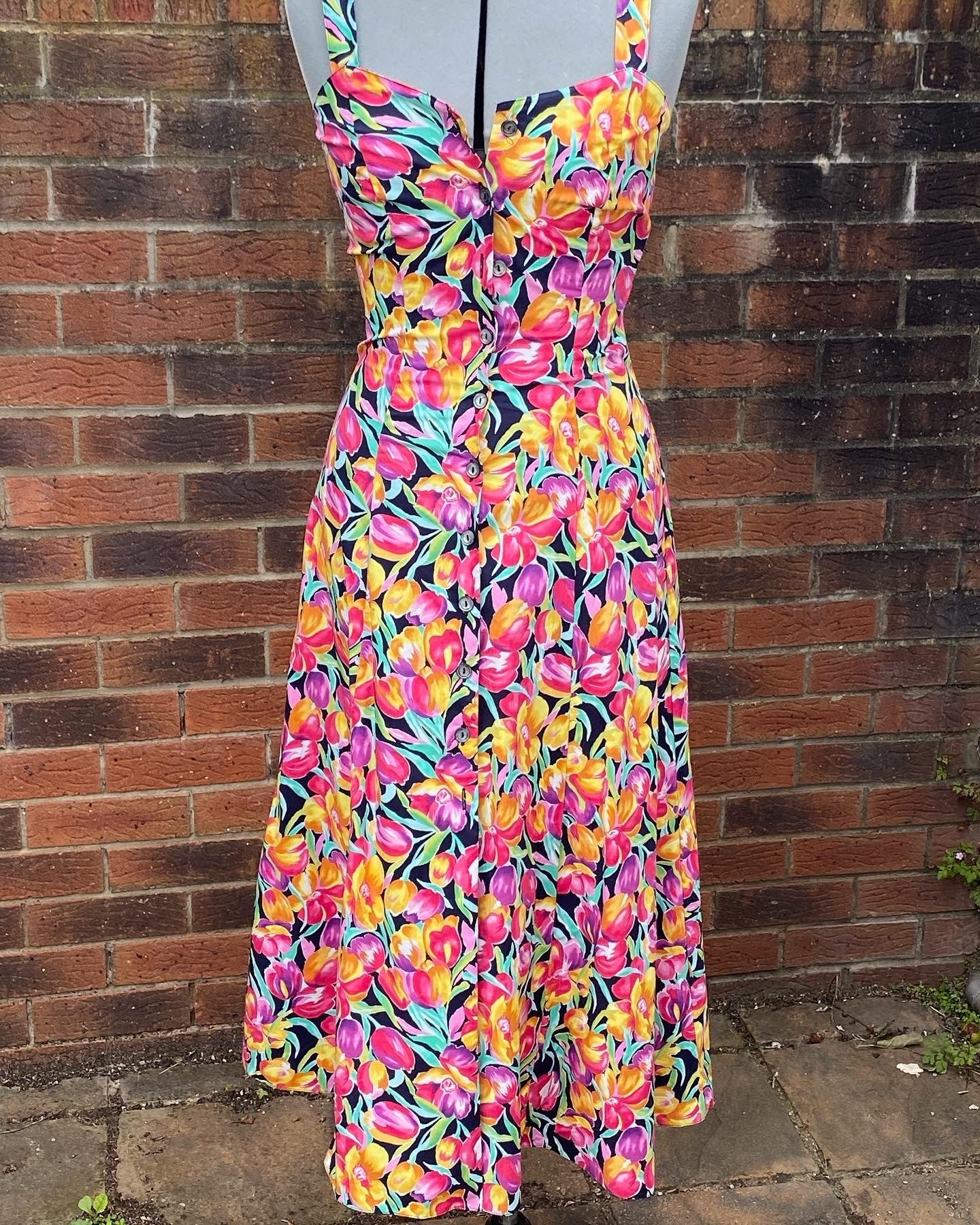 Vintage St Michael tropical print 80s sun dress orange pink strappy size 8 10 multi coloured