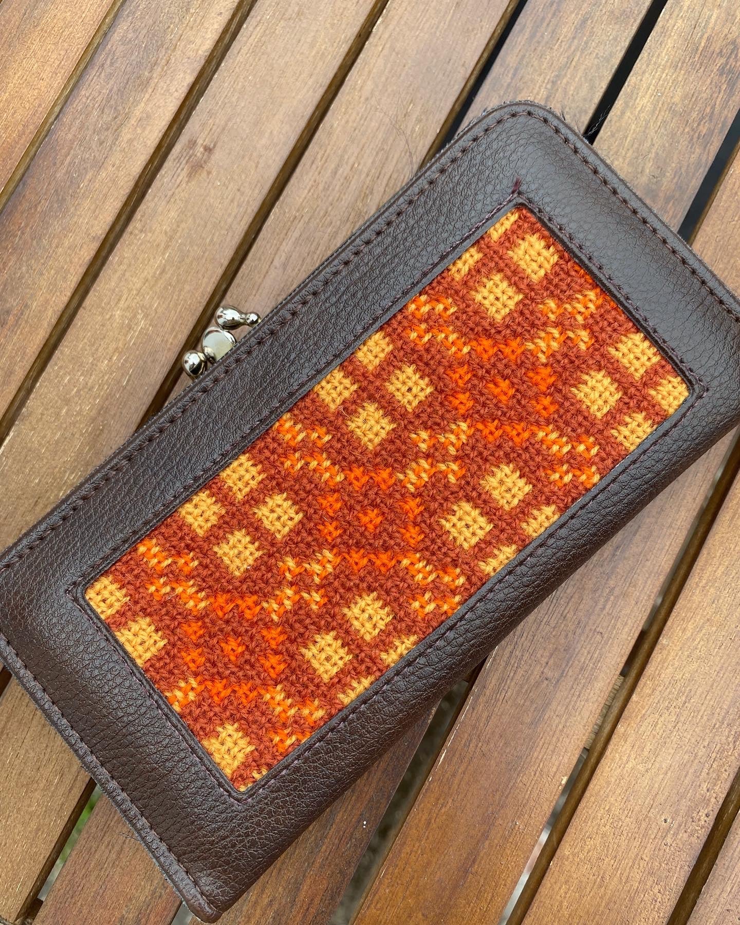 Vintage Orange Leather & Welsh Wool Tapestry Clutch purse