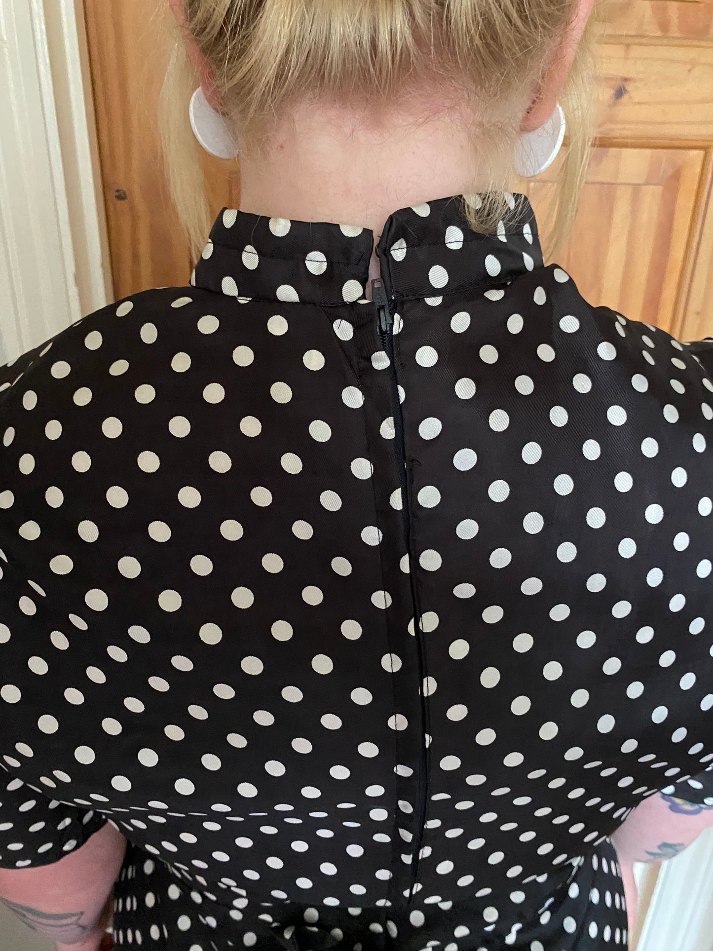 Vintage Black white 60s high neck polka dot belted midi dress size 18 20