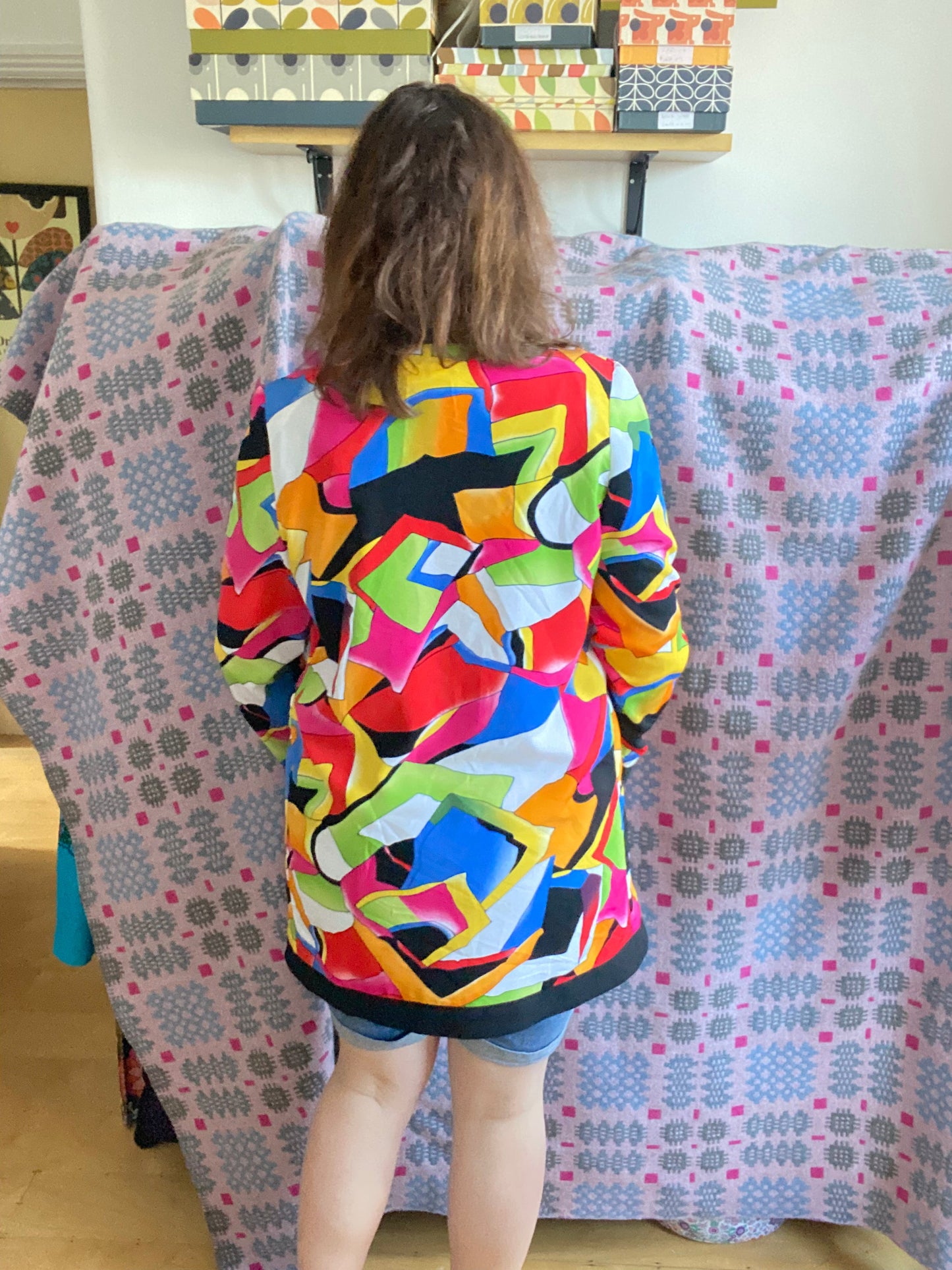 Vintage 80s Bright Caron multi coloured long jacket size 12 14