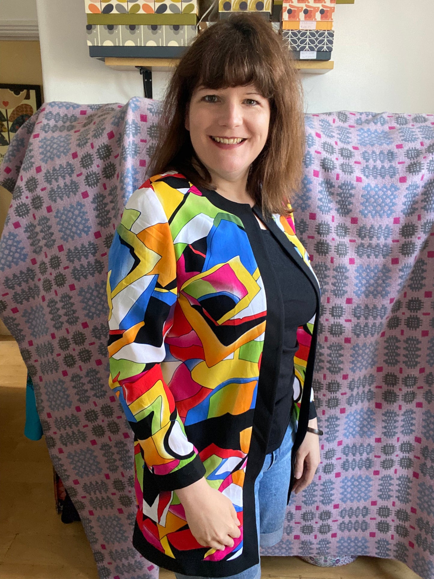 Vintage 80s Bright Caron multi coloured long jacket size 12 14