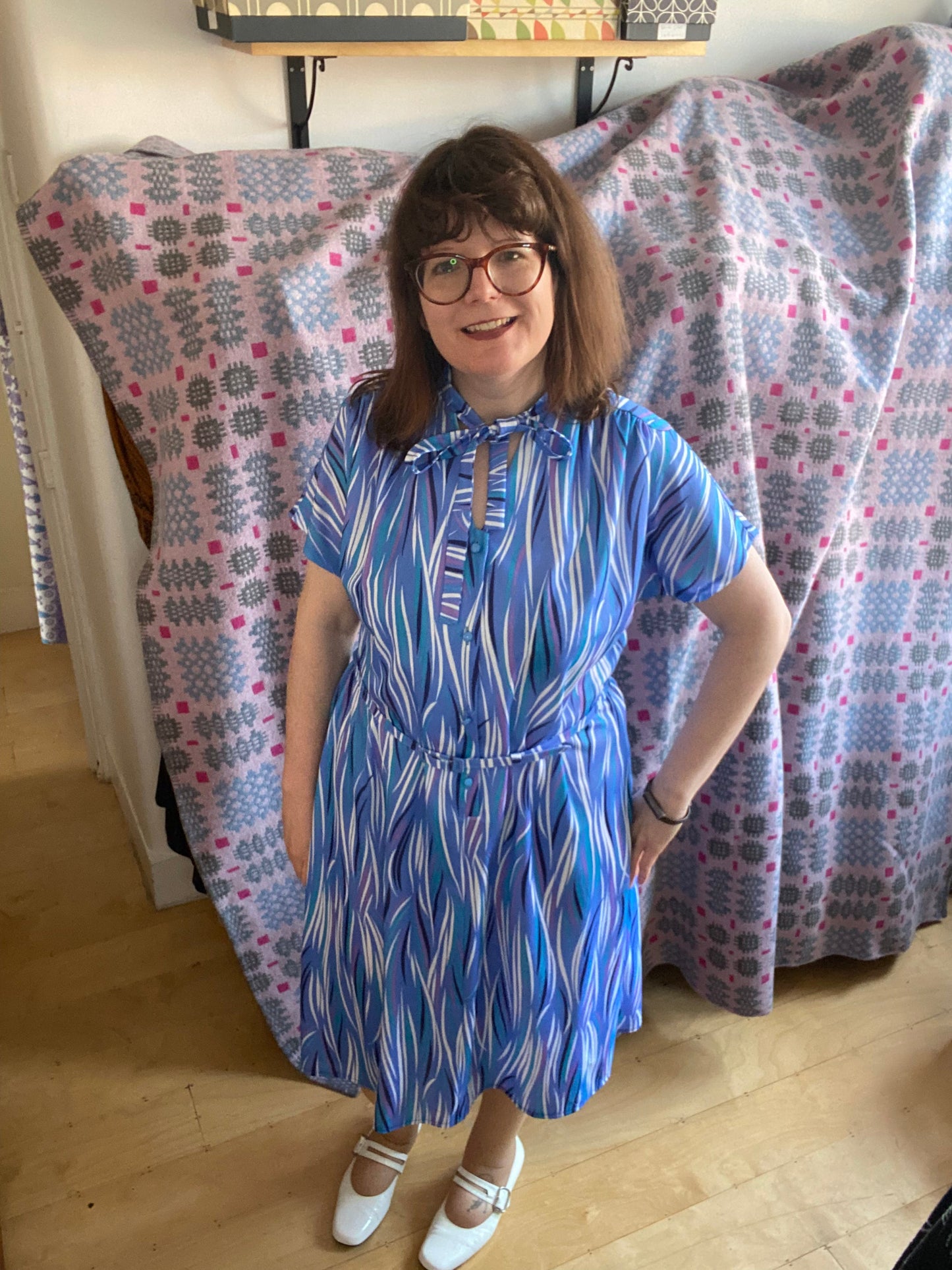 Vintage Richard stump blue stripe print pussy bow 80s dress size 18