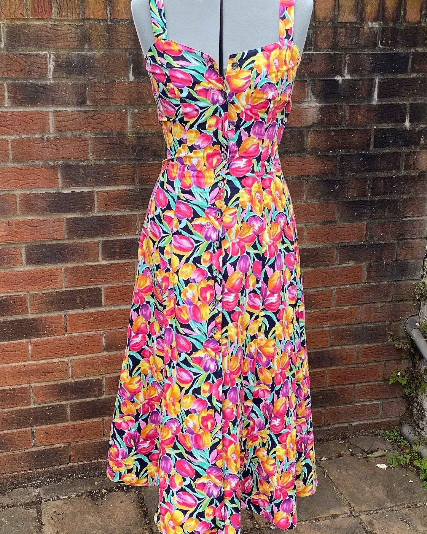 Vintage St Michael tropical print 80s sun dress orange pink strappy size 8 10 multi coloured