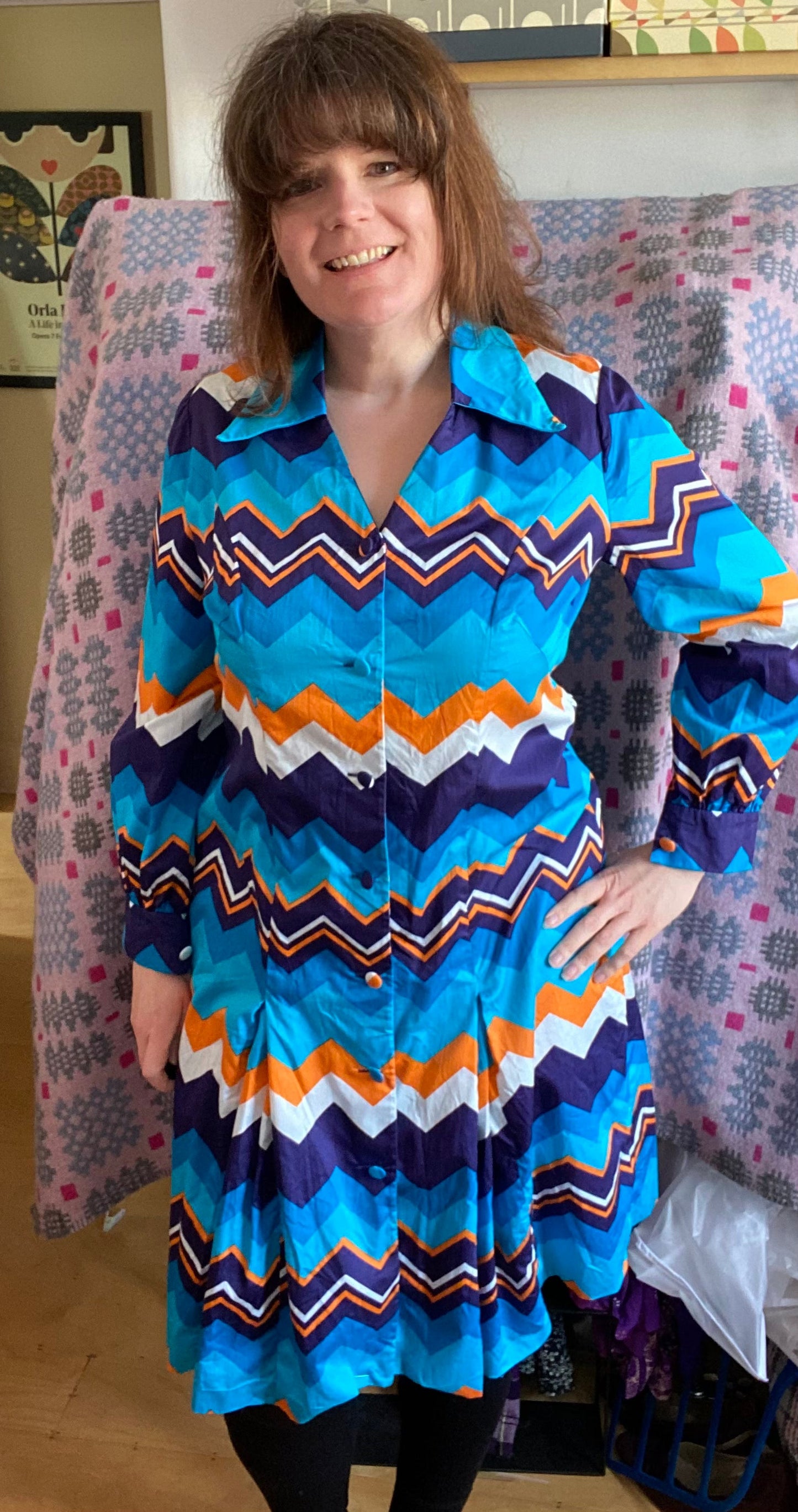 Vintage 70s Cotton hand made blue shirt dress zig zag print collar size 16 18