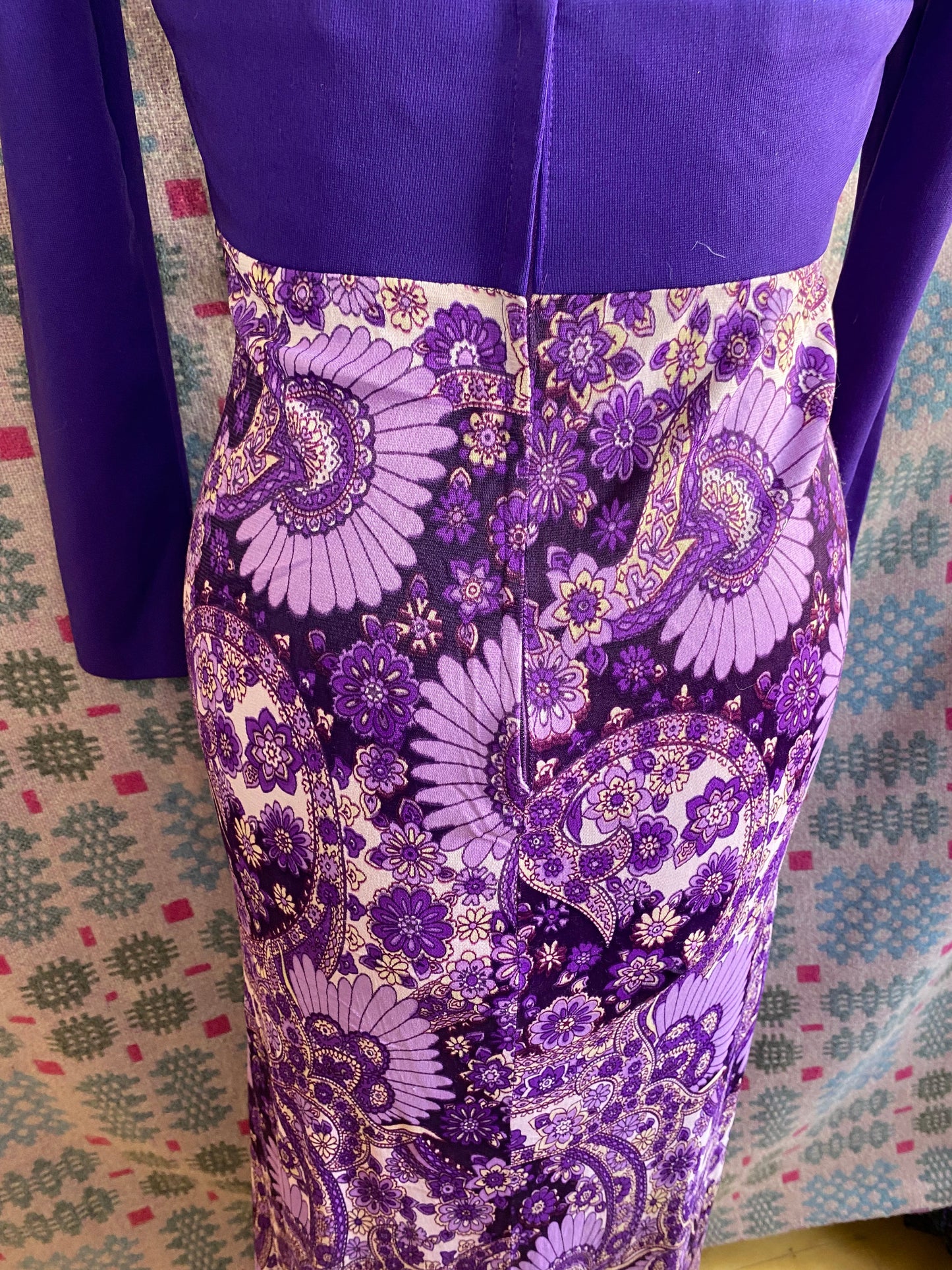 Vintage Purple 70s handmade maxi dress swirl pschedelic print long sleeves size 12 14