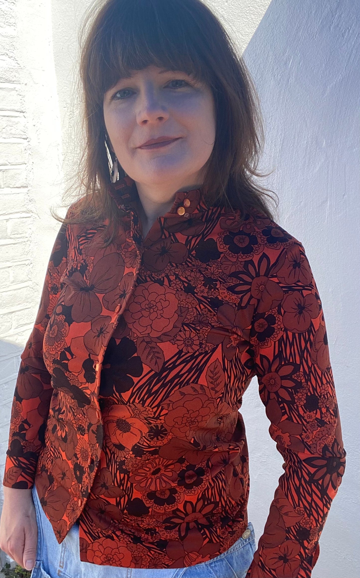 Vintage 70s red black St Michael polyester shirt collarless psychedelic print size 12 14