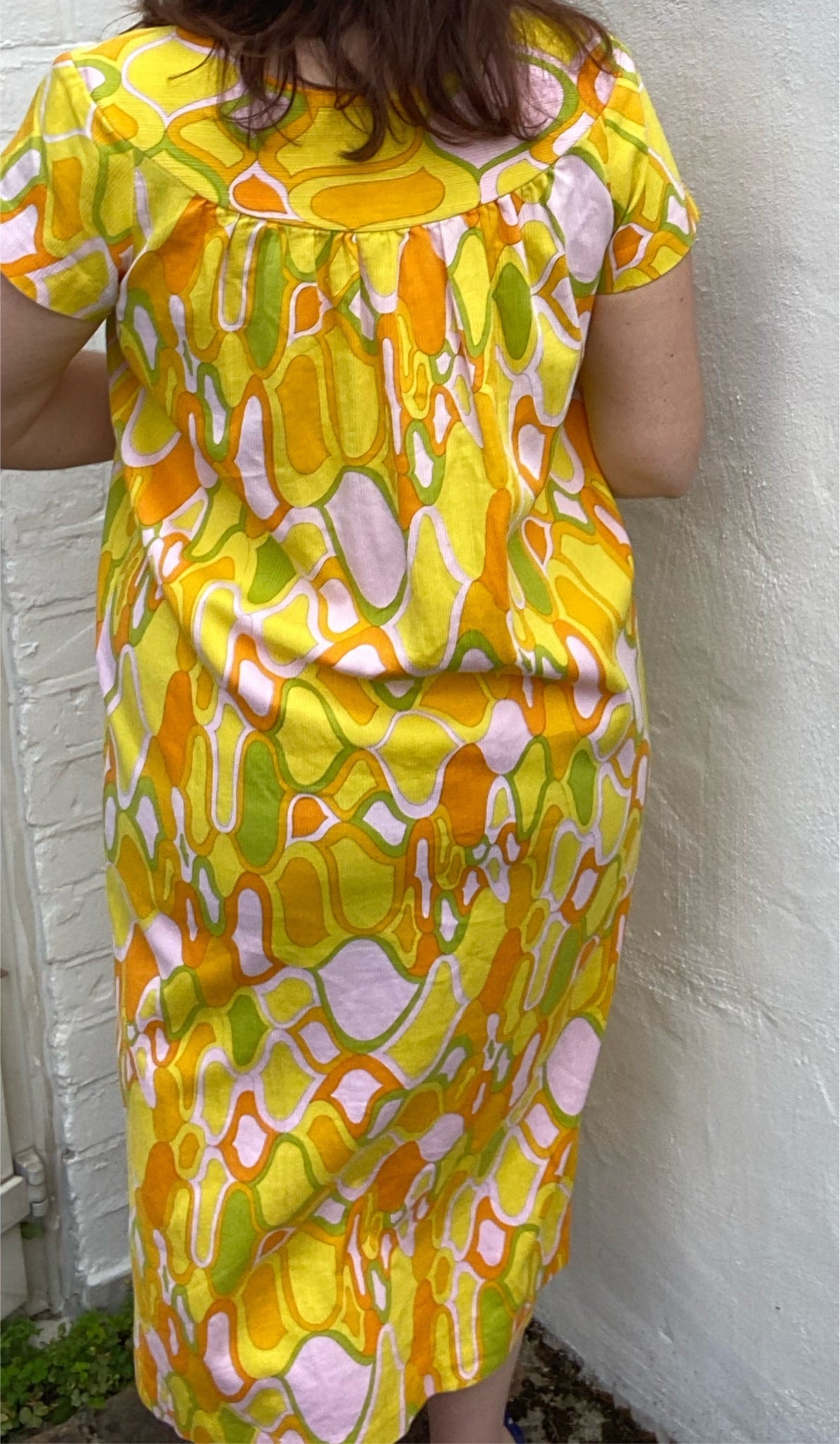 Vintage Bright Yellow Hawaiian Barkcloth 70s maxi dress [18 20]