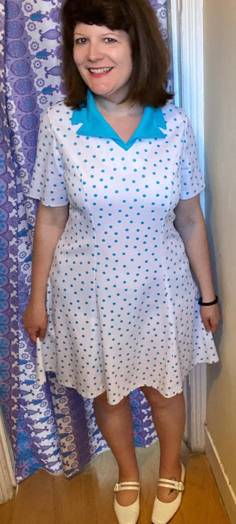 Vintage Turquoise polka dot 70s polyester mini dress size 16