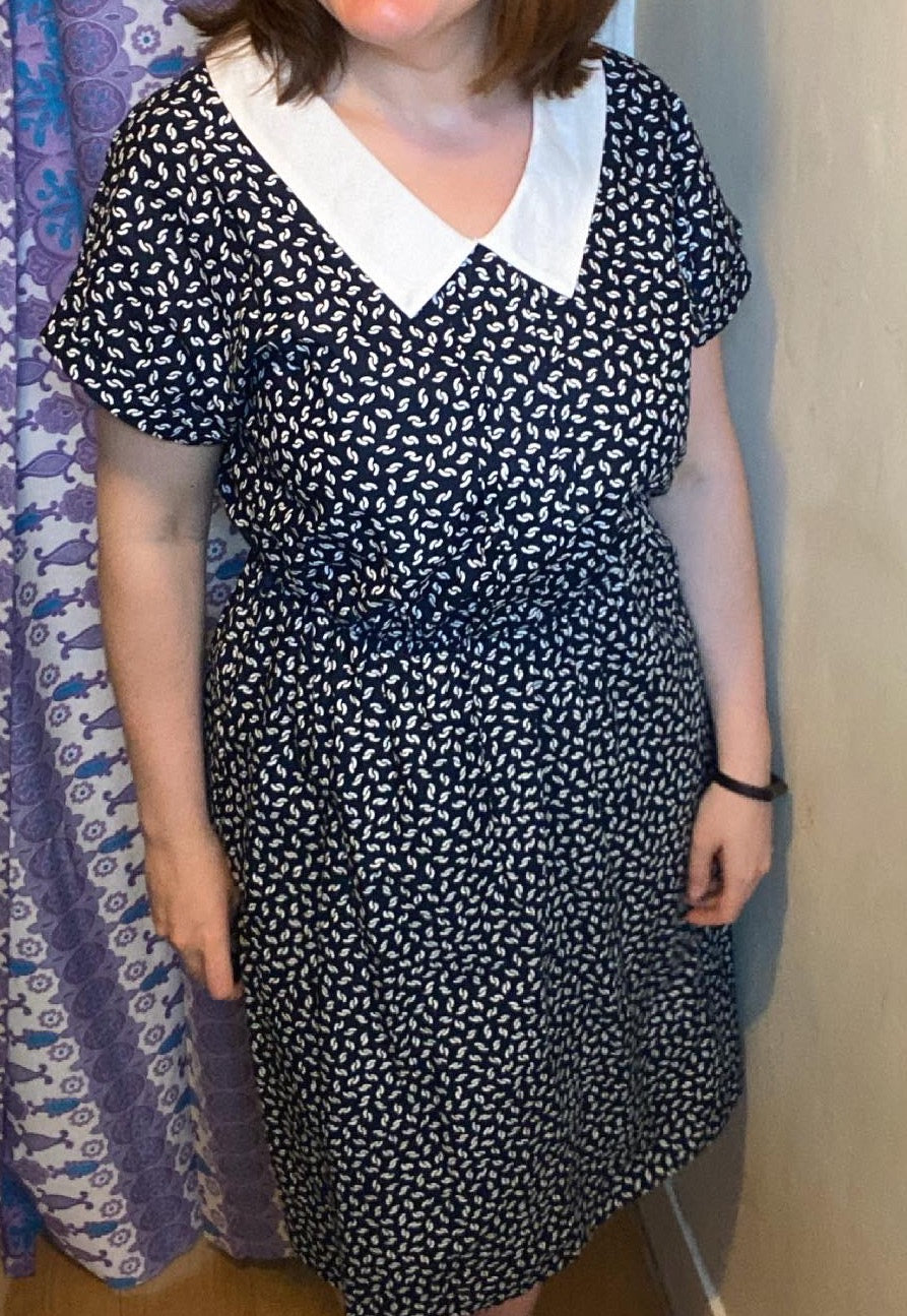 St Michael navy blue white 80s vintage collared cotton summer dress size 14