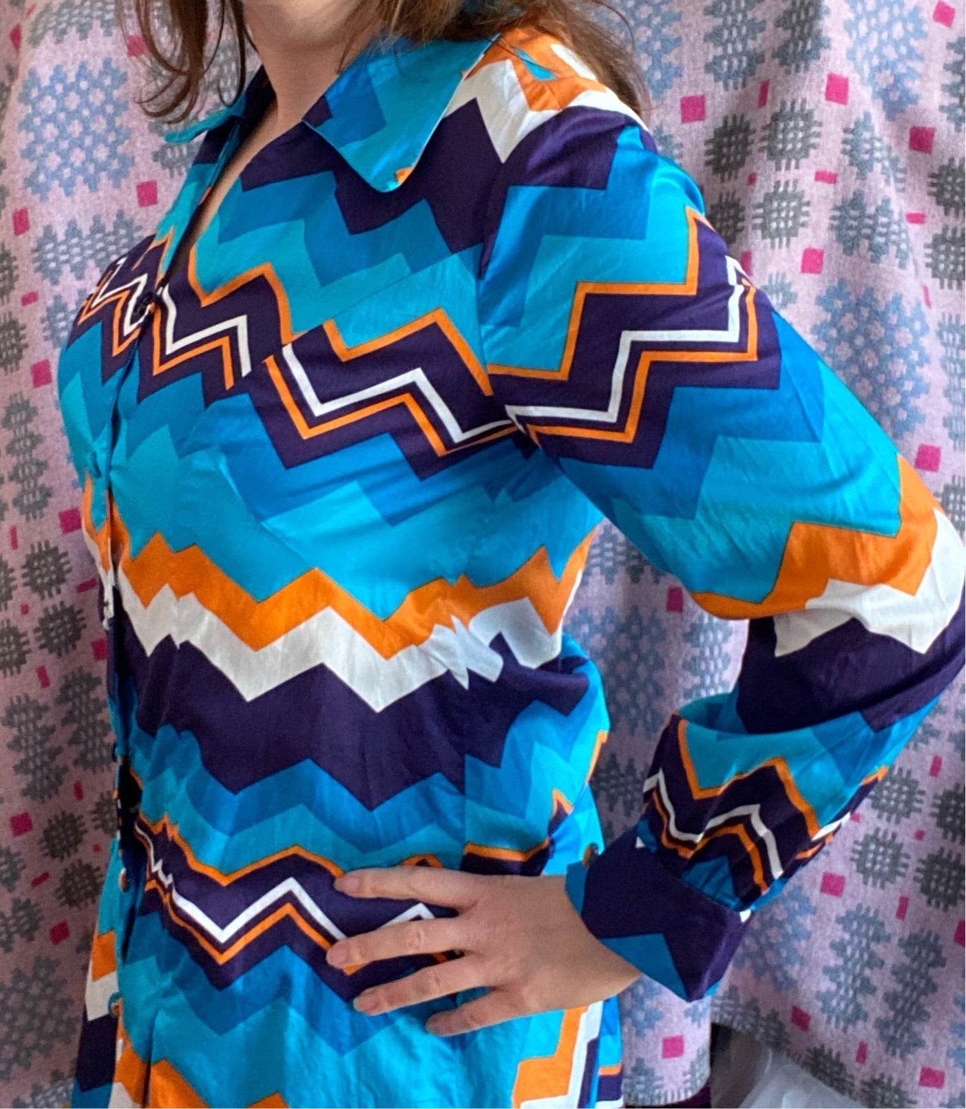 Vintage 70s Cotton hand made blue shirt dress zig zag print collar size 16 18