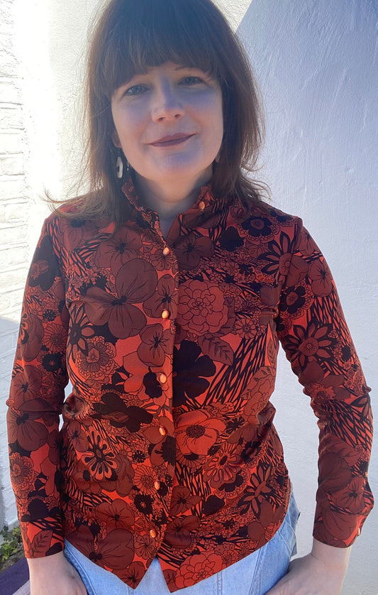 Vintage 70s red black St Michael polyester shirt collarless psychedelic print size 12 14