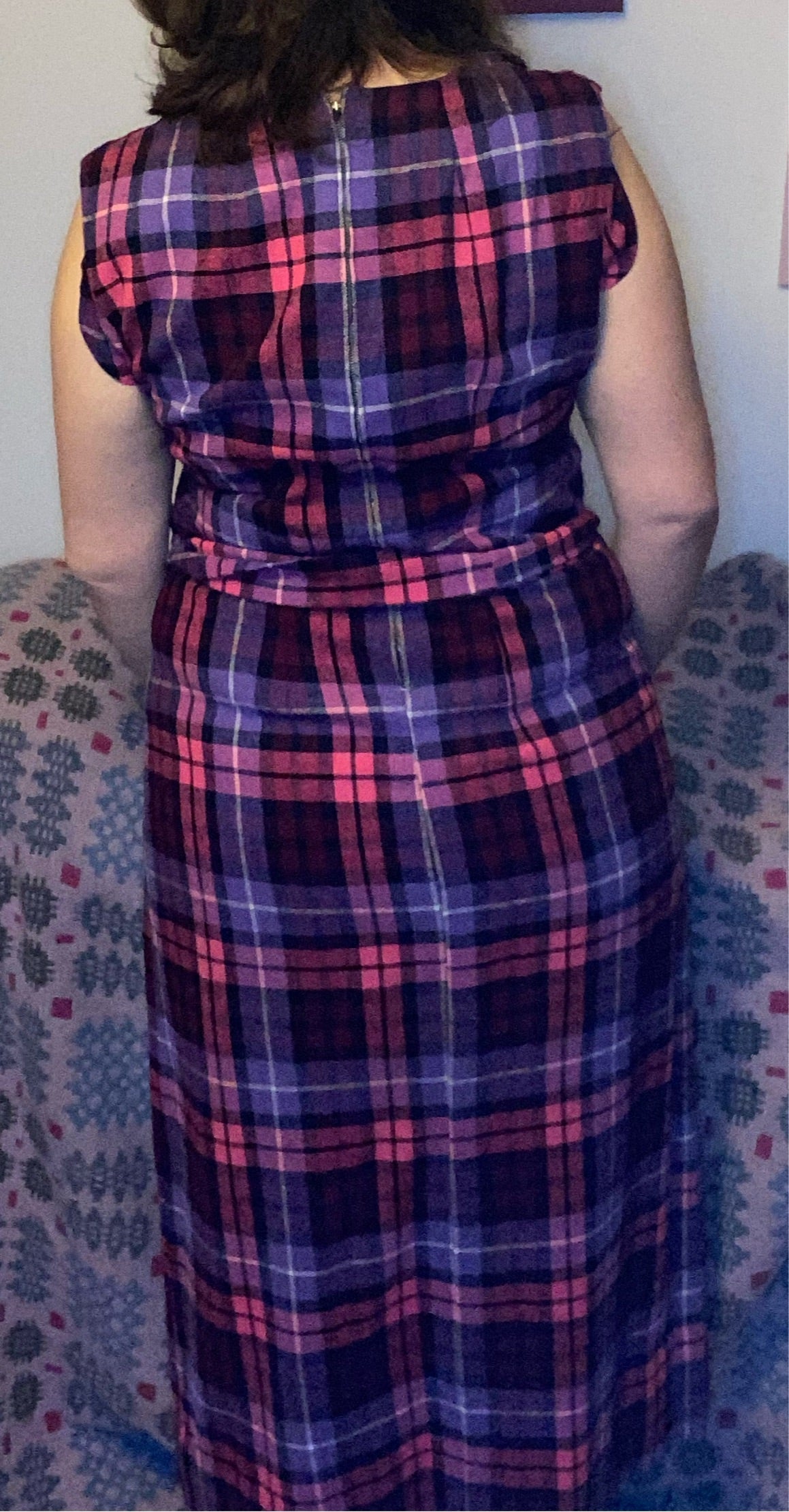 Vintage Handmade check tartan pink wool sleeveless maxi dress 60s 70s size 14 16