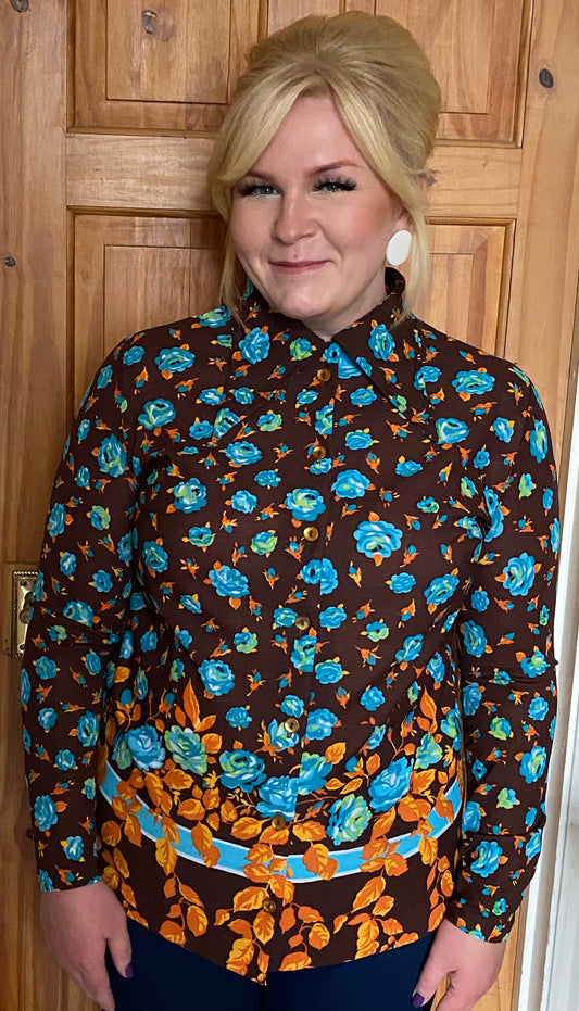 Vintage St Michael 70s polyester dagger collar shirt size 16 18 brown blue floral stretchy