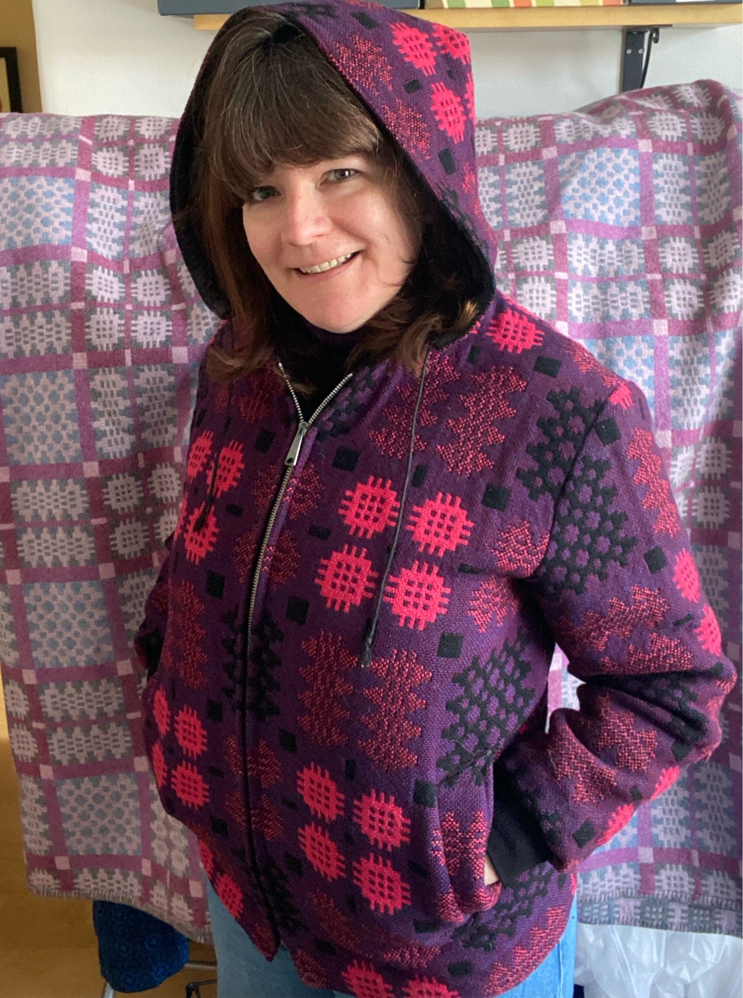 Vintage 60s 70s Welsh Wool Tapestry Bomber Jacket hood reversible pink purple size 12 14 pockets