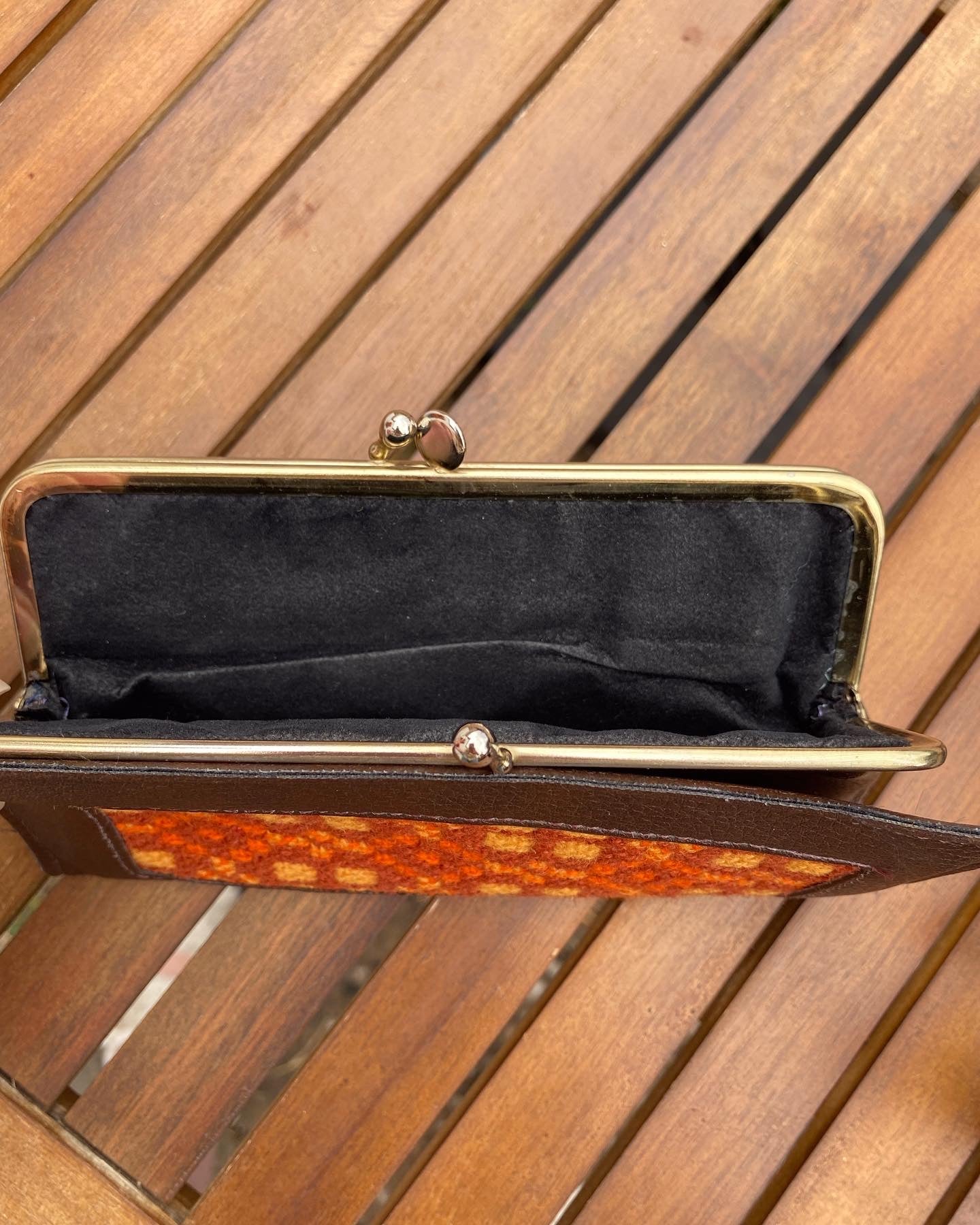 Vintage Orange Leather & Welsh Wool Tapestry Clutch purse