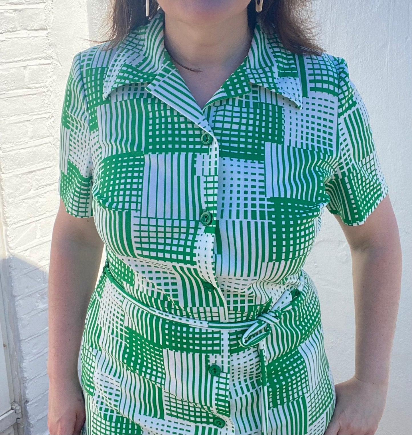 Vintage 70s green white St Michael shirt dress with belt short sleeves polyester size 14 16